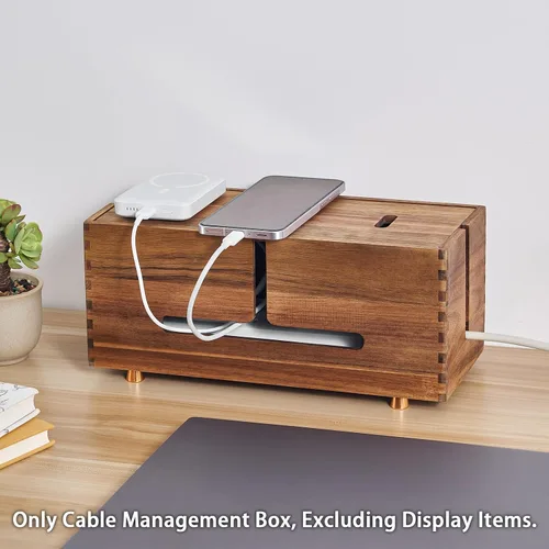 Miniatura 5 de SARUFO Caja de organización de cables de madera de acacia, organizador de cables de madera con 4 pies de metal, organizador para escritorio y piso