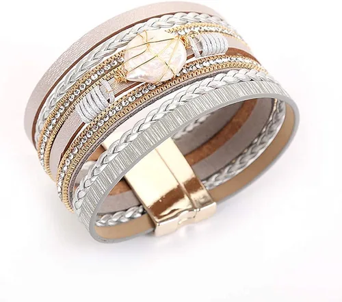Miniatura 3 de EunWow Pulsera de cuero multicapa para mujer cierre magnético
