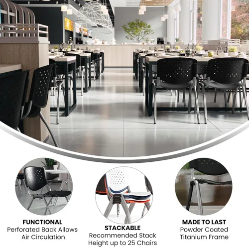 Miniatura 4 de Flash Furniture - Silla apilable de plástico negro de la serie HERCULES con capacidad de 880 lb. y marco recubierto en polvo de color gris titanio