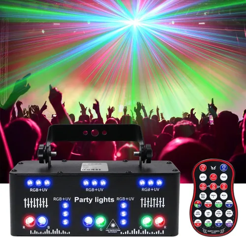 Miniatura 9 de Luces láser para DJ, luces de fiesta Pro 4 en 1 con activación por sonido y control DMX, espectáculo de luz láser RGBW y efecto de haz UV, luz láser
