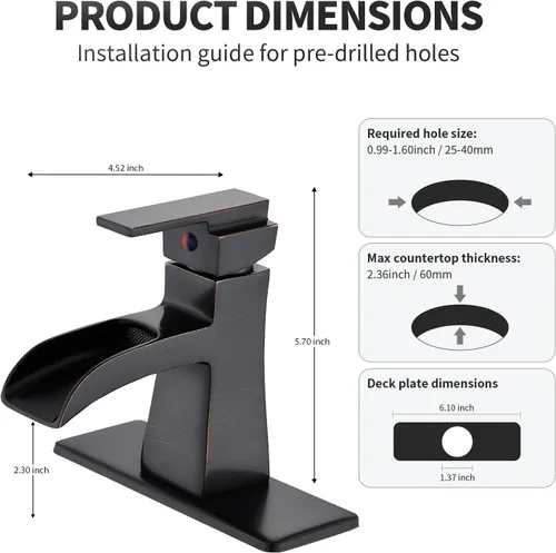 Miniatura 6 de Grifo de Baño de Cascada de Bronce Frotado con Aceite, Grifo de Lavabo de Baño Centerset de Una Sola Manija Sanliv con Desagüe Pop-Up y Placa