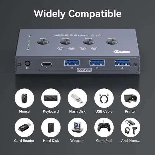 Miniatura 5 de Selector de interruptor USB 3.2 4 computadoras comparten 1 USBC y 3 dispositivos USBA 10Gbps interruptor USB de 4 puertos para compartir teclado