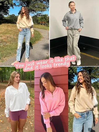 Miniatura 5 de SILKWORLD Sudadera corta con cremallera de un cuarto para mujer, manga larga, cuello alto, cordón ajustable, con bolsillos