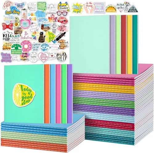 Miniatura 10 de Cuadernos de composición para la escuela, paquete de 36 diarios con 36 calcomanías motivacionales, 60 páginas con rayas universitarias