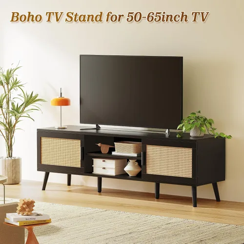 Miniatura 2 de SUPERJARE Soporte de TV para TV de 65 pulgadas, centro de entretenimiento con estante ajustable, consola de TV de ratán con 2 gabinetes, consola