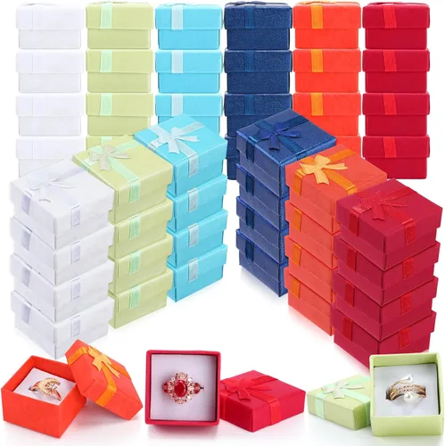 Miniatura 8 de Yinkin Juego de 120 cajas de regalo de anillo de cartón con lazo, cuadrado, varios colores, pequeño, caja de joyería dura para cumpleaños, 6