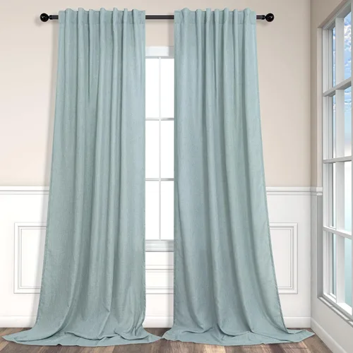 Miniatura 55 de Cortinas de lino azul de 84 pulgadas de largo para sala de estar; juego de 2 paneles con lengüeta trasera; cortinas con dobladillo para barra; Azul