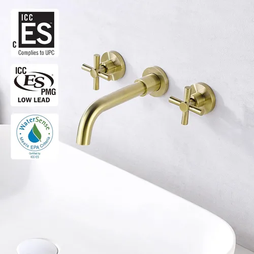 Miniatura 2 de Grifo de baño de latón cepillado para montaje en pared, dos asas cruzadas y válvula empotrada incluida, SUMERAIN Oro cepillado