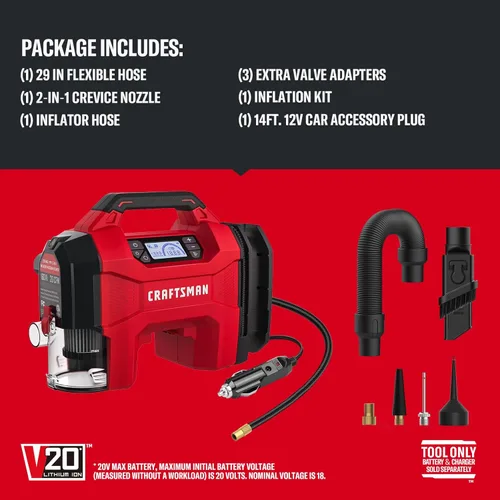 Miniatura 8 de CRAFTSMAN Inflador de neumáticos 3 en 1, compresor de aire portátil de 160 PSI/aspiradora de automóvil/soplador de polvo, 20 V inalámbrico y 12 V