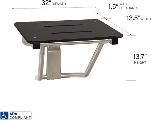 Miniatura 2 de Asiento de ducha plegable de montaje en pared negro de 32" x 15", compatible con ADA