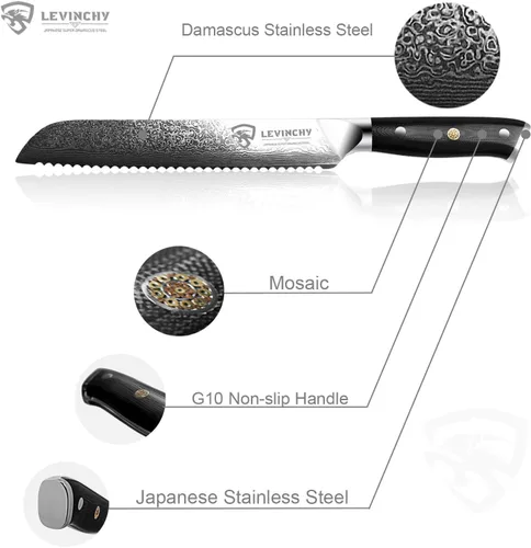 Miniatura 4 de Cuchillo de pan profesional de acero inoxidable japonés de Damasco de 8 pulgadas con mango negro Premium G10, cuchillo de cocina ergonómico