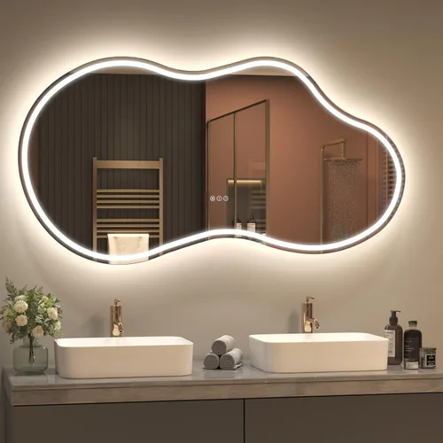 Miniatura 15 de SMIROR Espejo de Baño Retroiluminado Irregular con Luces 20 x 32, Espejo de Tocador con Luz LED Asimétrica en Forma de Nube para Pared