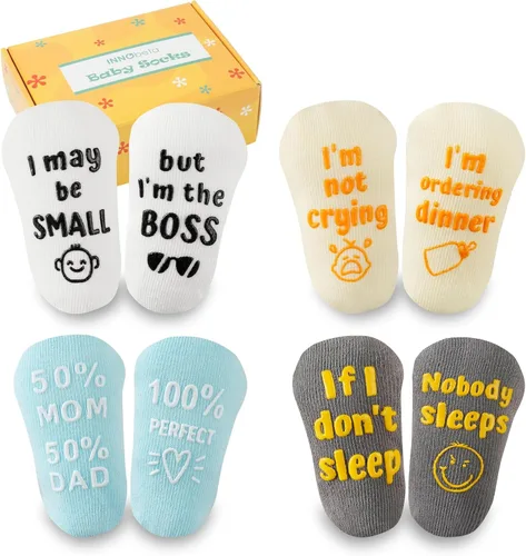 InnoBeta Juego de calcetines para bebé con citas divertidas (4 pares) calcetines para recién nacidosbebés para baby shower, revelación de género de