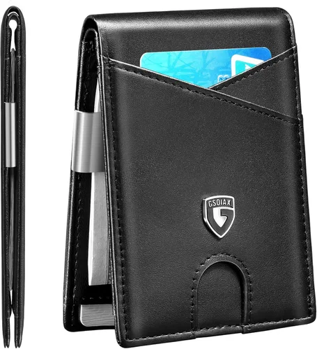 Miniatura 67 de GSOIAX Cartera delgada de cuero plegable RFID para hombre, billetera minimalista con bolsillo frontal con clip para dinero, 12 ranuras para Negro