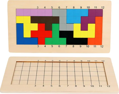 Juegos de rompecabezas de pentominoes de madera, juegos de mesa familiares para niños y adultos, bloques de bloques de patrón matemático de