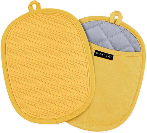 Paquete de 2 soportes de silicona para ollas de cocina resistentes al calor hasta 500 °F, almohadillas calientes grandes antideslizantes con Amarillo