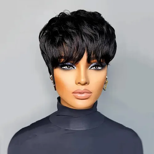 Miniatura 12 de PangDongLai Pelucas de cabello humano con corte Pixie para mujeres negras, pelucas de corte Pixie en capas con flequillo, sin pegamento, cabello