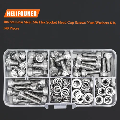 Miniatura 5 de HELIFOUNER 140 piezas M6 x 0.315 in /0.394 in /0.472 in /0.630 in /0.787 in, cabeza hexagonal, tornillos métricos, arandelas, tuercas, kit