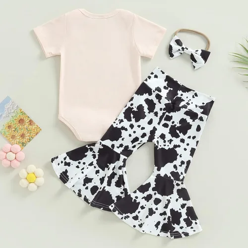 Miniatura 28 de fhutpw Conjunto de camiseta de manga corta con estampado de vaca y pantalones acampanados de dibujos animados para niñas
