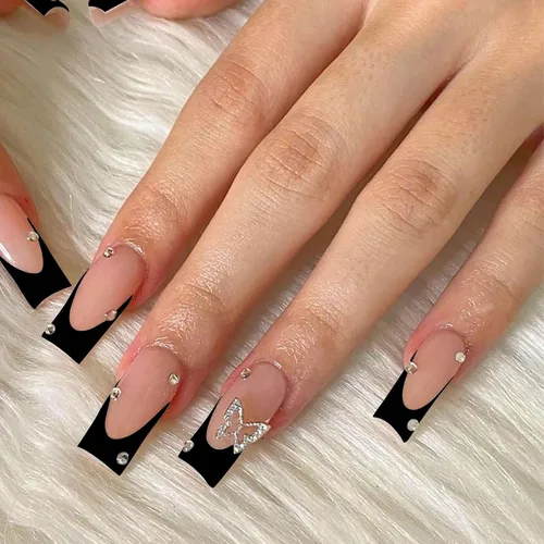 24 uñas postizas a presión de punta francesa negra, uñas postizas largas cuadradas, color rosa, cobertura completa, con diamantes de imitación, L1.