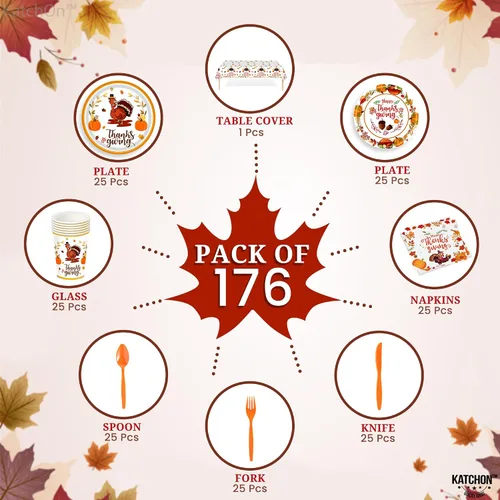 Miniatura 2 de KatchOn Paquete de fiesta de Acción de Gracias, 176 piezas para 25 invitados, mantel, platos, servilletas, tazas y cubiertos para decoración de mesa