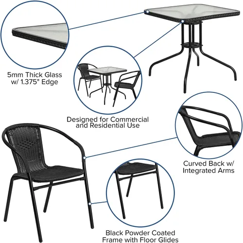 Miniatura 3 de Flash Furniture Lila Mesa Cuadrada de Vidrio y Metal de 28'' con Bordes de Ratán Negro y 2 Sillas Apilables de Ratán Negro