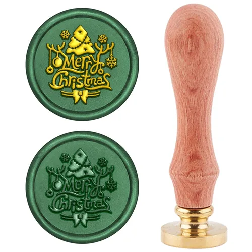 CRASPIRE Sello de cera de Navidad con diseño de copos de nieve, cornamenta de árbol, retro, 0.98 pulgadas, latón extraíble con mango de madera, para