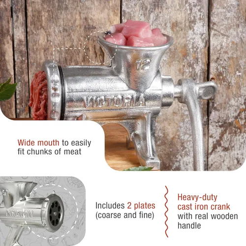 Miniatura 4 de Victoria Picadora de carne de hierro fundido con montaje fijo en la mesa, molinillo manual de salchichas y picadora de carne, número 12, fabricado
