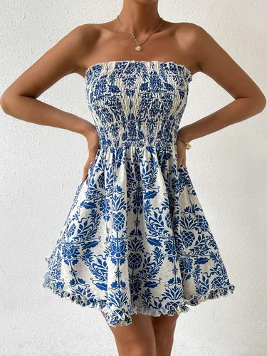 Miniatura 5 de Floerns Vestido acampanado estilo bohemio sin tirantes para mujer