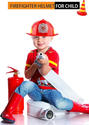 Miniatura 3 de Casco de bombero para niños, sombreros de plástico de bombero para niños y niñas, disfraz de fiesta de Halloween, 2 piezas Rojo