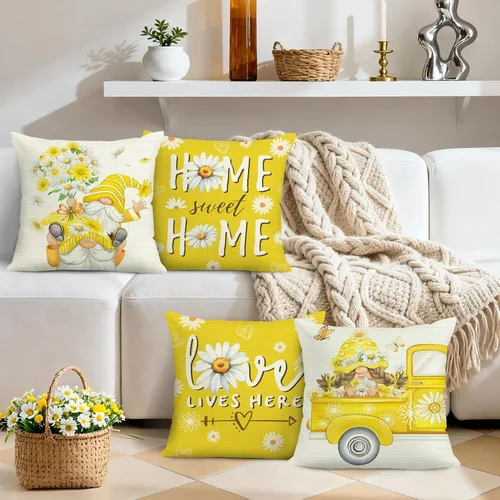 Miniatura 2 de Bonhause Juego de 4 fundas de cojín decorativas de 18 x 18 pulgadas con diseño de margaritas de gnomos y flores de primavera y verano, camión, Love
