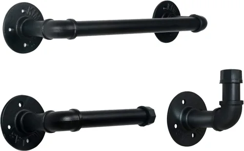 HouseAid Juego de 3 toallas de tubo industrial, kit de toallero de acero rústico, estilo vintage, accesorios para baño, montaje en pared, negro mate