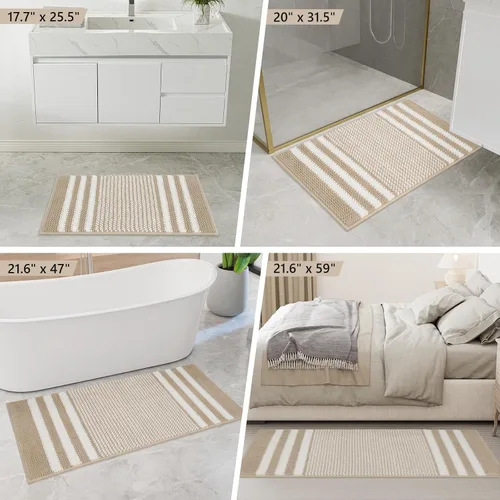 Miniatura 6 de Juego de 2 alfombras de baño de felpilla extrasuaves y absorbentes, esponjosas, a rayas, antideslizantes, lavables a máquina