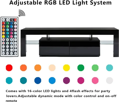 Miniatura 6 de St.Mandyu Soporte de TV LED para TV de 65/75/85 pulgadas, centro de entretenimiento moderno de alto brillo con cajón y luces LED, mesa de televisión