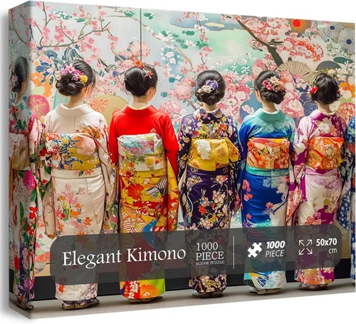 Miniatura 10 de PICKFORU Elegantes rompecabezas de geisha para adultos de 1000 piezas, rompecabezas retro con kimono de flor de cerezo, rompecabezas de arte japonés