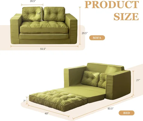 Miniatura 3 de YOSHOOT Sofá Cama Loveseat, Sofá Convertible de 55" Sofá Cama Sillón Futón para Sala de Estar, Sofá de Piso Extraíble 3 en 1 con Respaldo y verde