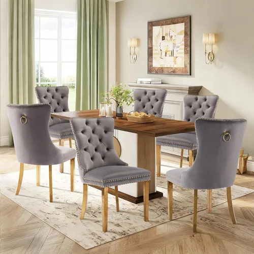Miniatura 137 de Juego de 2 sillas de comedor de terciopelo tapizadas con ribete de cabeza de clavo y patas doradas chapadas en acero inoxidable para cocina