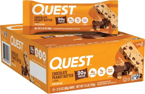 Barras de Quest Nutrition de mantequilla de cacahuete con chocolate, 20g de proteína, 1g de azúcar, 4g de carbohidratos netos, sin gluten, aptas
