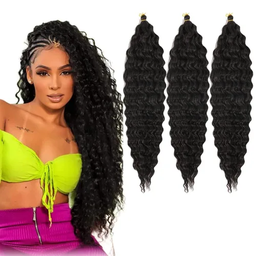 Miniatura 40 de Pelo de ganchillo Ocean Wave de 30 pulgadas, 3 paquetes de cabello trenzado de onda profunda, cabello rizado profundo con ganchillo para mujeres