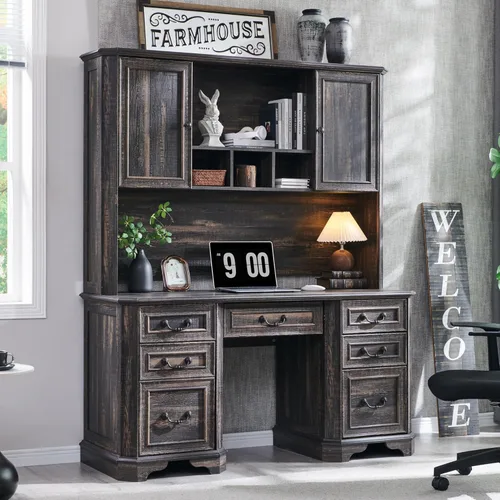 T4TREAM - Escritorio ejecutivo de 59" estilo granja con estante superior, escritorio de madera para oficina en casa, con bandeja para teclado, Roble