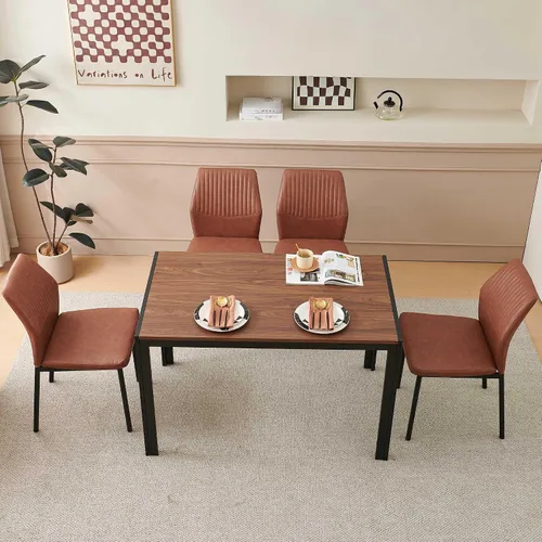 Miniatura 8 de Juego de 4 sillas de comedor de piel sintética marrón, cómodas sillas de cocina tapizadas sin brazos con patas de metal negro para sala de estar