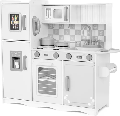 Juego de cocina para niños Lil' Jumbl, cocina de madera de simulación con pizarra, teléfono de juego, toallero y dispensador de hielo, perillas con