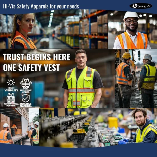 Miniatura 6 de JKSafety Chaleco de seguridad de malla con 10 bolsillos con cuello acolchado, chaleco Hi Vis, cintas reflectantes con tiras amarillas neón Negro