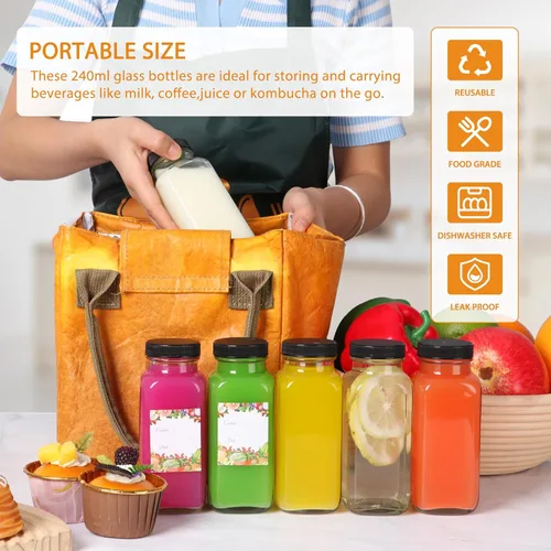Miniatura 3 de AuroTrends Botellas de vidrio de 8 onzas con tapas, paquete de 6, botellas de vidrio de 8.5 fl oz para agua, kombucha, portátil, reutilizable, 8