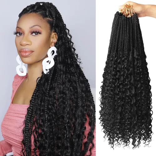 Miniatura 8 de Goddess Box Braids - Trenzas de cabello a ganchillo con extremos rizados, trenzas de caja bohemianas de 16 pulgadas, trenzas de ganchillo, 8 1B-4-30