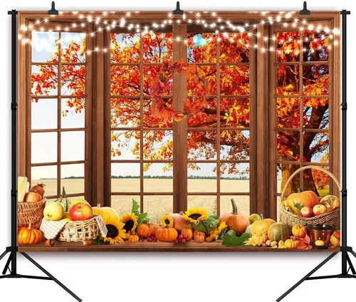 Miniatura 5 de Fondo de ventana de otoño para el día de Acción de Gracias, calabaza, hojas de árbol de arce, decoración de fiesta temática, cosecha de calabaza