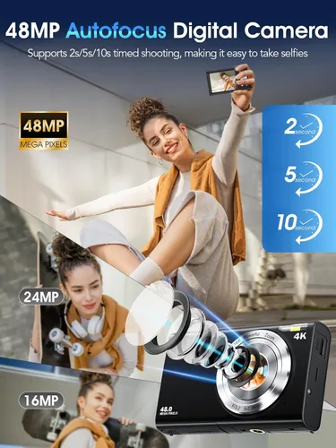 Miniatura 2 de Cámara digital, cámara de videoblogs 4K con enfoque automático para fotografía con tarjeta de 32 GB, cámara digital compacta portátil de 48 Negro