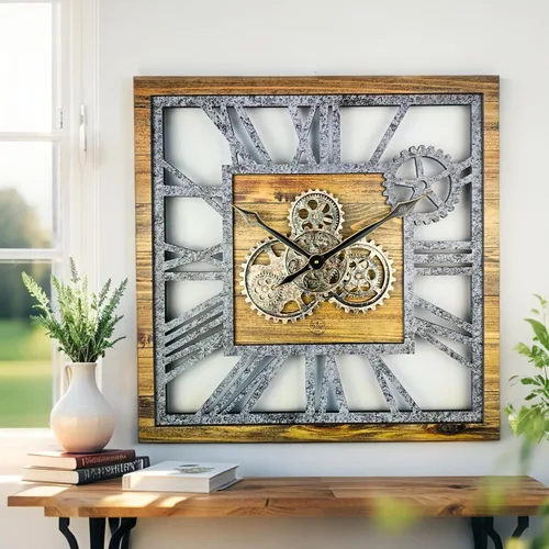 Miniatura 5 de ImprovingLife The Gears Clock Reloj de pared cuadrado con engranaje móvil real de 24 pulgadas, estilo vintage, industrial, de gran tamaño, casa