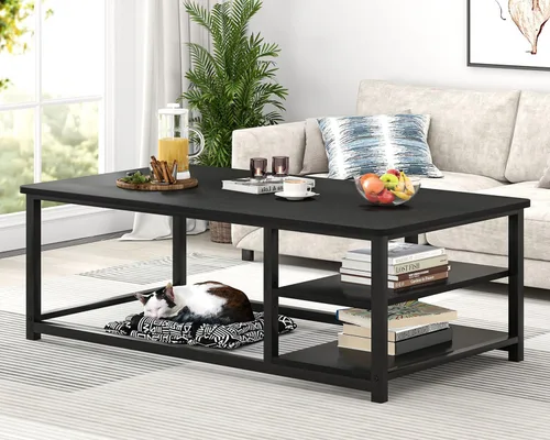 Miniatura 7 de EXCEFUR Mesa de centro negra, mesa de sala de estar de madera rústica con estante de almacenamiento, mesa central rectangular moderna, 47 pulgadas