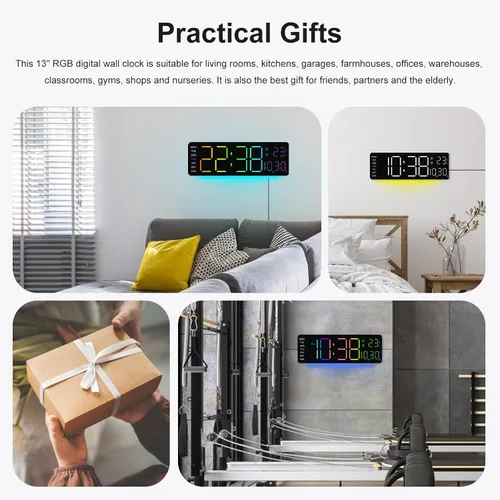 Miniatura 6 de JoFomp Reloj de pared digital LED RGB de 12 pulgadas con control remoto, pantalla de segundos, reloj despertador digital enchufable con brillo